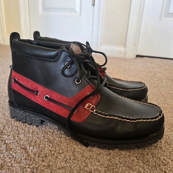 Polo Ralph Lauren Men’s Boots Size 9 D Ridgemoor Black Leather Red Trim - Picture 1 of 7